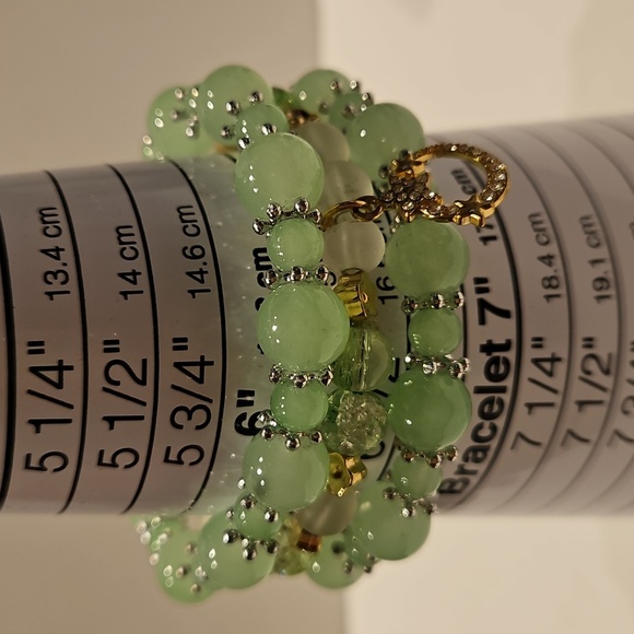 3 Soft Green, Goldtone & Silvertone Glass Beaded Stretch Bracelet Set - Picture 2 of 5